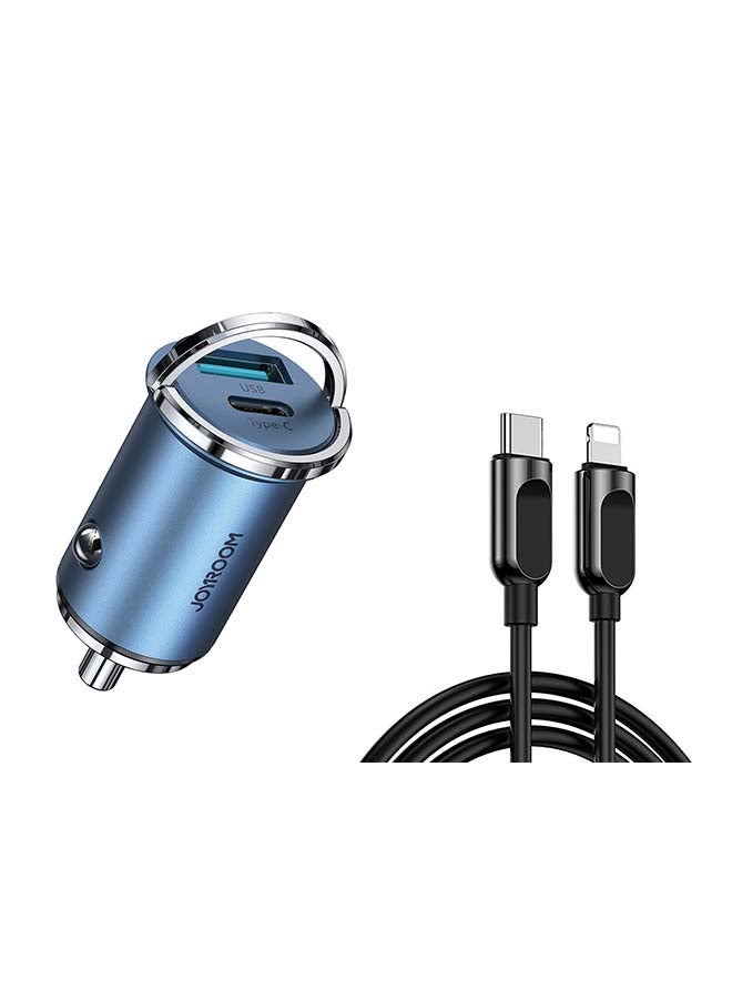 JOYROOM 45W Mini 2-Port Ring-Pull Fast Smart Car Charger With Type-C To Lighting PD Charging 1m Cable Blue/Black - Image 1