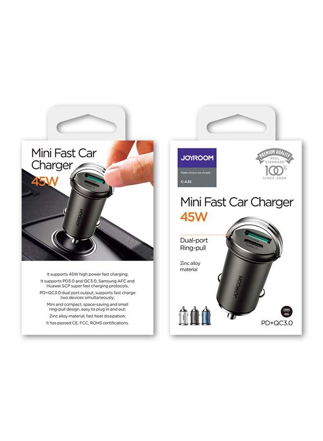 JOYROOM 45W Mini 2-Port Ring-Pull Fast Smart Car Charger With Type-C To Lighting PD Charging 1m Cable Blue/Black - Image 5