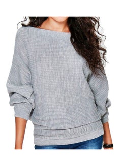 Fashion Women Solid Color Rib Knitted Bat Sleeve O Neck Knitwear Loose Pullover Grey
