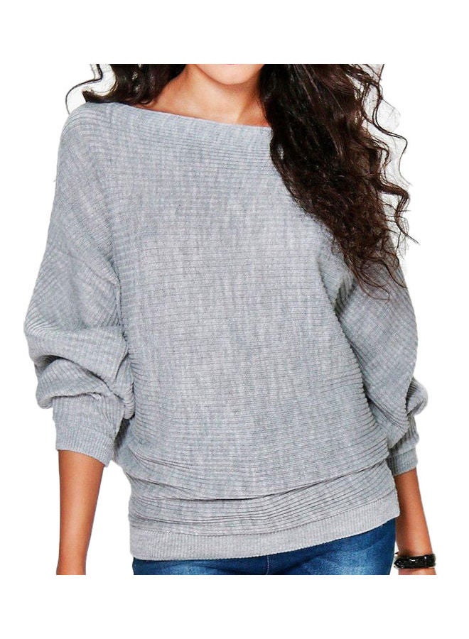 Generic - Fashion Women Solid Color Rib Knitted Bat Sleeve O Neck Knitwear Loose Pullover Grey - Image 1