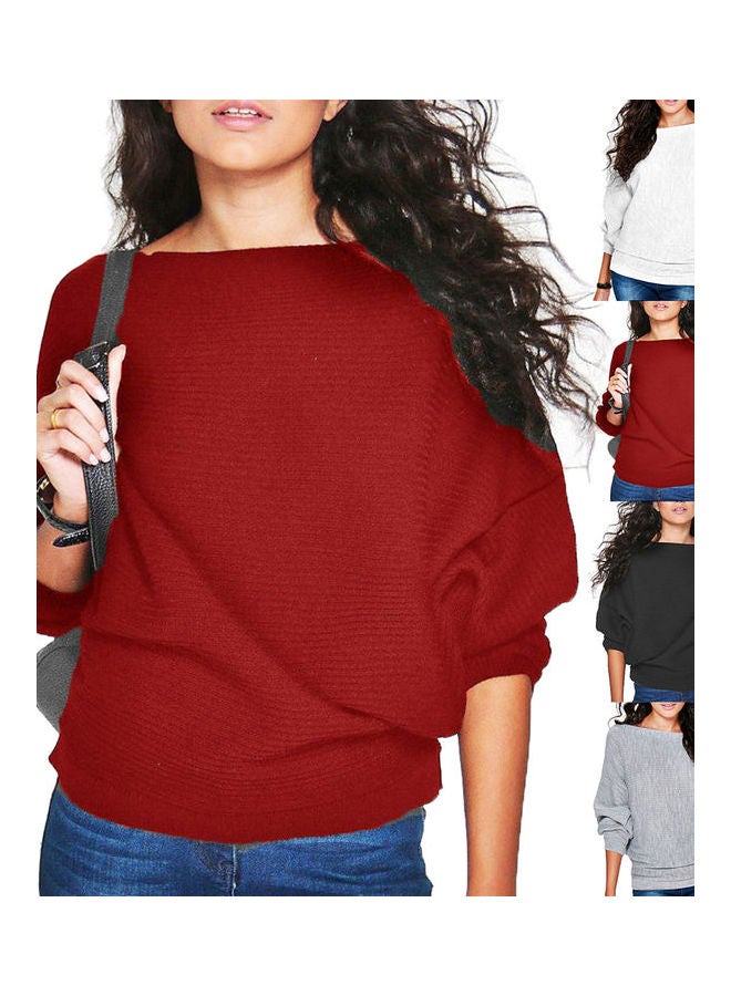 Generic - Fashion Women Solid Color Rib Knitted Bat Sleeve O Neck Knitwear Loose Pullover Grey - Image 1