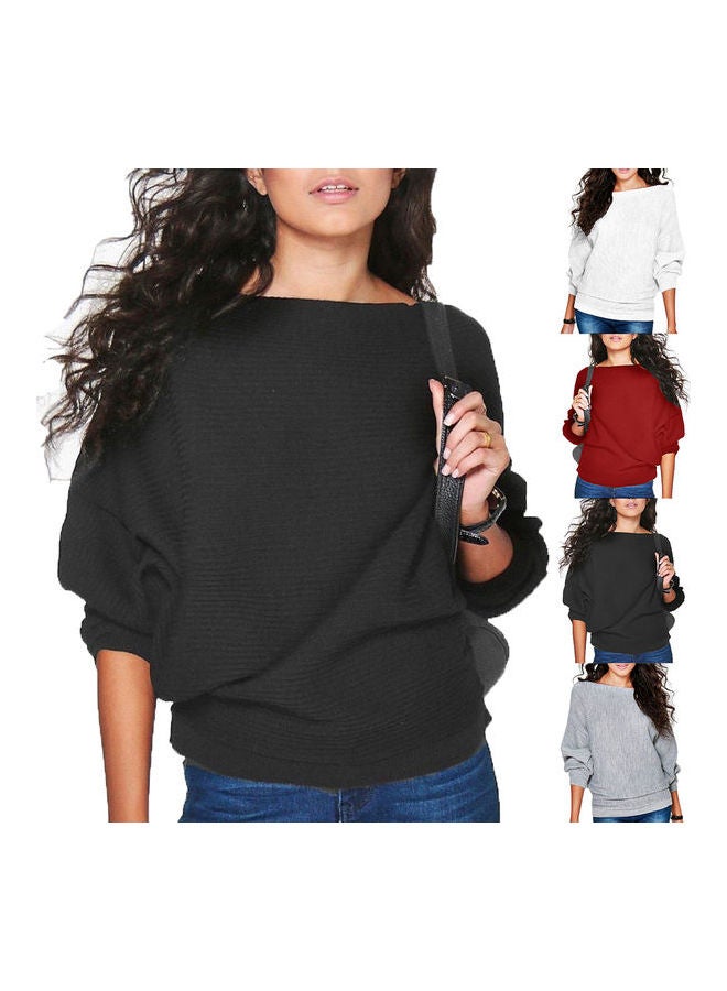 Generic - Fashion Women Solid Color Rib Knitted Bat Sleeve O Neck Knitwear Loose Pullover Grey - Image 1