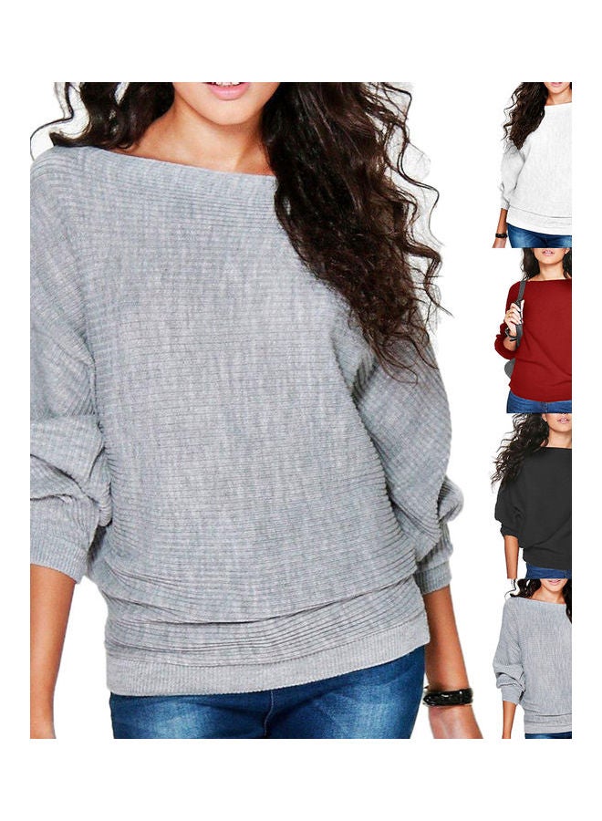 Generic - Fashion Women Solid Color Rib Knitted Bat Sleeve O Neck Knitwear Loose Pullover Grey - Image 1