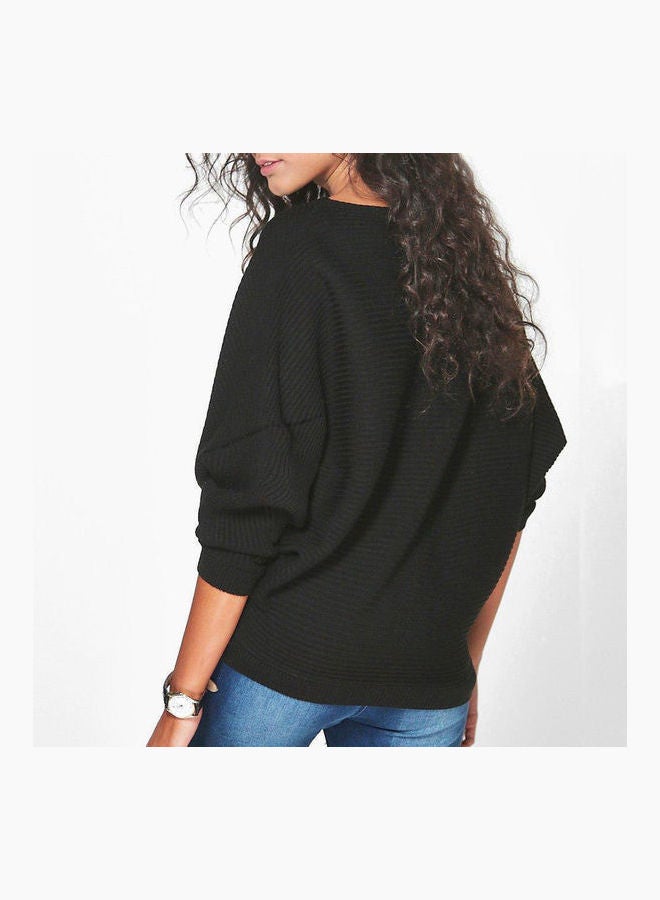 Generic - Fashion Women Solid Color Rib Knitted Bat Sleeve O Neck Knitwear Loose Pullover Grey - Image 1