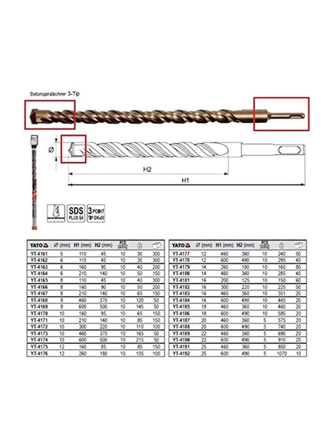 ياتو ريشة حفر لأعمال البناء لرأسية اللقم إس دي إس بلس S4 بمقاس 12x 600مم برأس: DK30 وساق: Cr40 طراز YT-4178 ألوان متعددة - Image 2