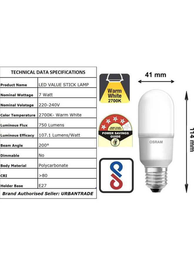 Osram - LED Value Stick 750lm 7W 6500K E27 Frosted AC08535 Day Light - Image 1