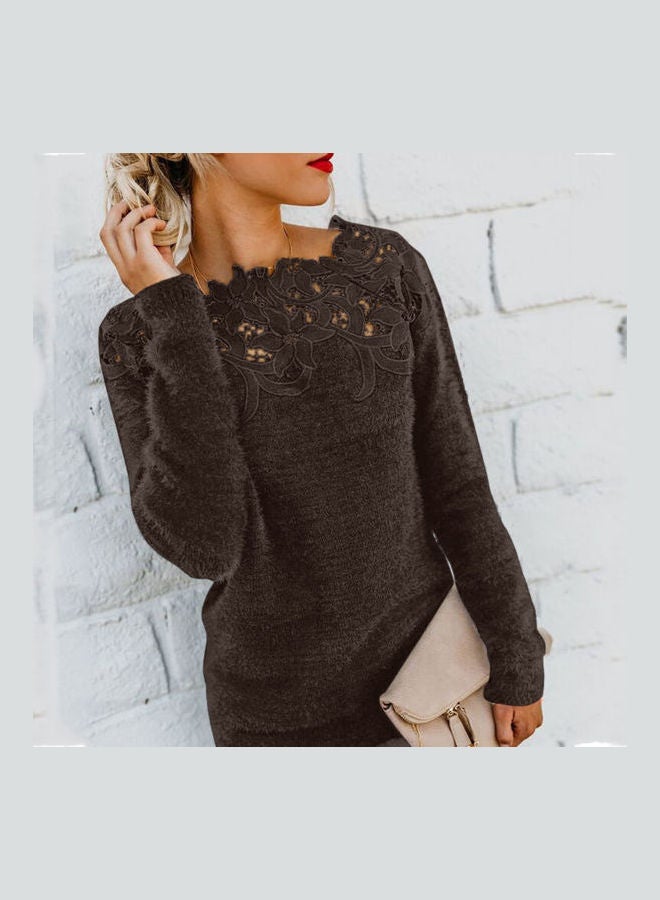 Floral Lace Patchwork Pullover Sweater Brown