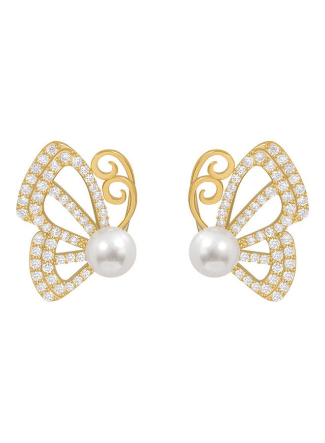 J.J Hand made 925 Sterling Silver Rhinestone Pearl Half Butterfly Stud Earrings - Image 1