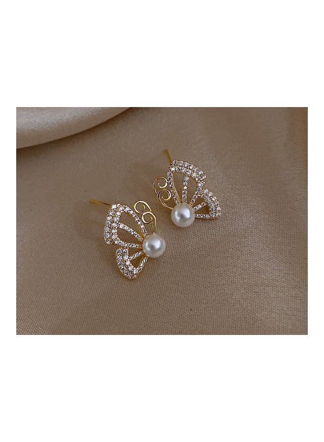 J.J Hand made 925 Sterling Silver Rhinestone Pearl Half Butterfly Stud Earrings - Image 2