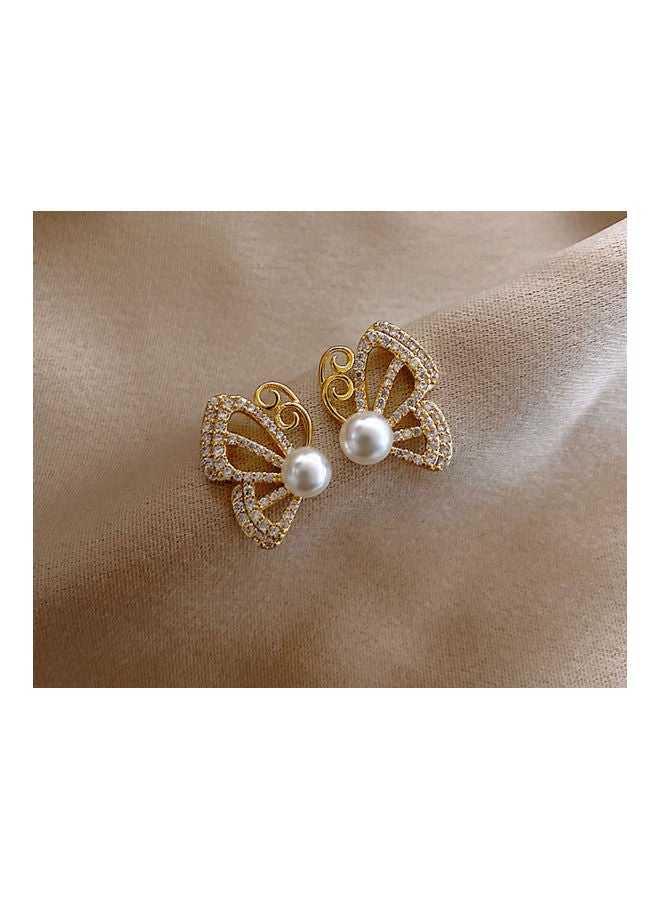 J.J Hand made 925 Sterling Silver Rhinestone Pearl Half Butterfly Stud Earrings - Image 3