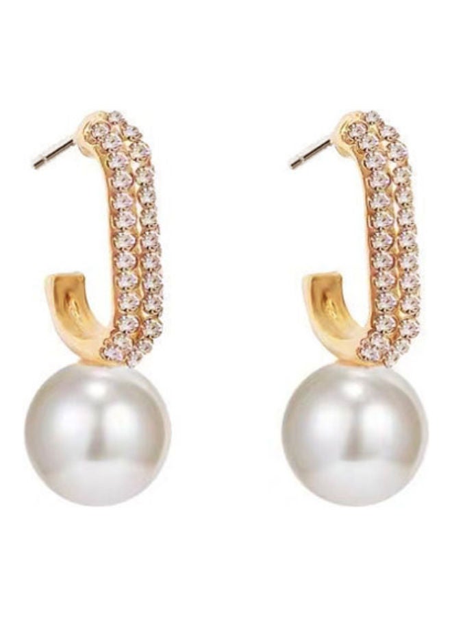 J.J Hand made 925 Sterling Silver Full Rhinestone C-Shaped Pearl Retro Stud Earrings - Image 1