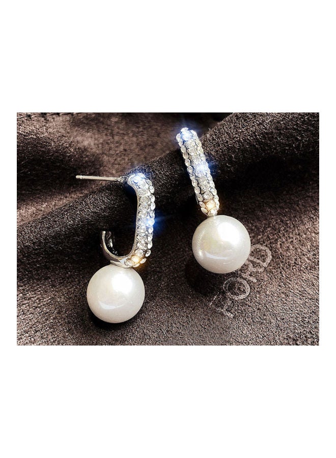 J.J Hand made 925 Sterling Silver Full Rhinestone C-Shaped Pearl Retro Stud Earrings - Image 2