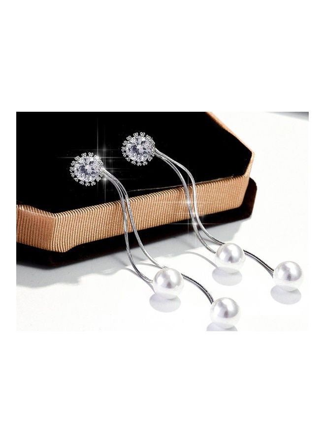 J.J Hand made 925 Sterling Silver Pearl Tassel Rhinestone Flower Earrings - Image 2