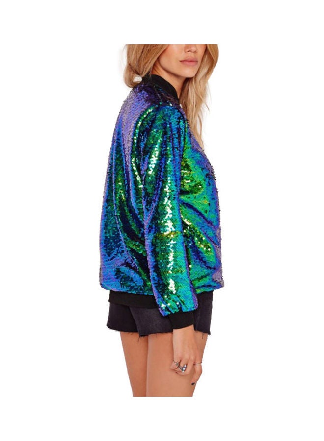 Stand Collar Loose Shiny Sequins Zipper Jacket Malachite Green - Image 4