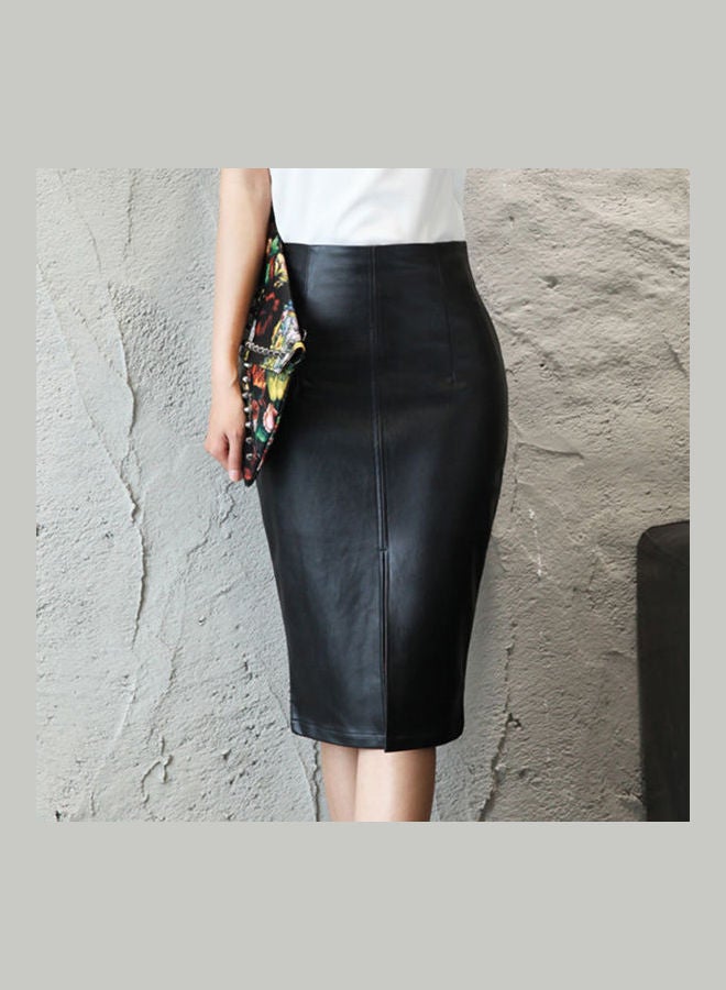 Faux Leather Front Slit  Bodycon Skirt Black - Image 3