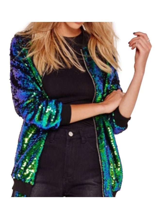 Stand Collar Loose Shiny Sequins Zipper Jacket Malachite Green - Image 5