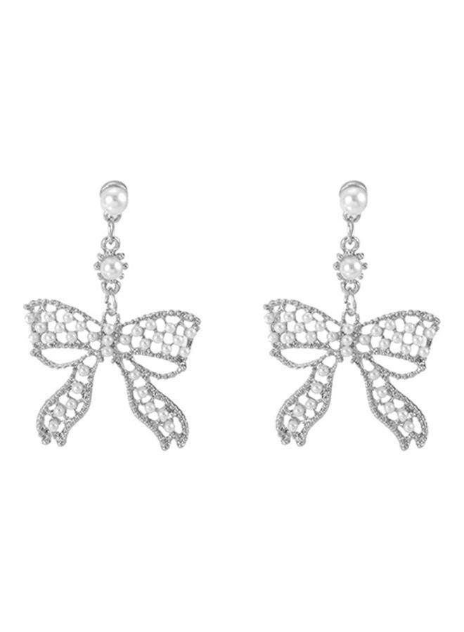 J.J Hand made 925 Sterling Silver Bowknot Pearl Long Earrings - Image 1