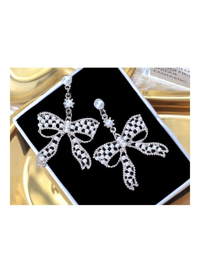 J.J Hand made 925 Sterling Silver Bowknot Pearl Long Earrings - Image 2