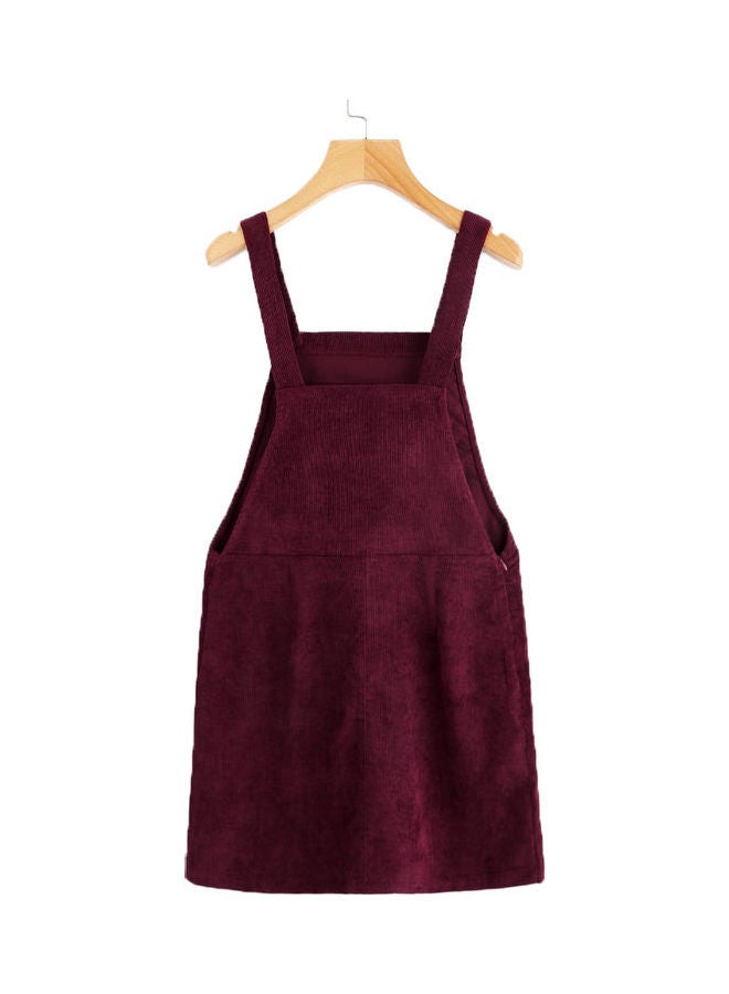 Autumn Solid Color Corduroy Sleeveless Pocket Slim Mini Overalls Dress Maroon  - Image 1