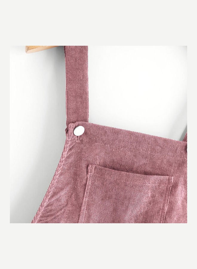 Autumn Solid Color Corduroy Sleeveless Pocket Slim Mini Overalls Dress Maroon  - Image 3