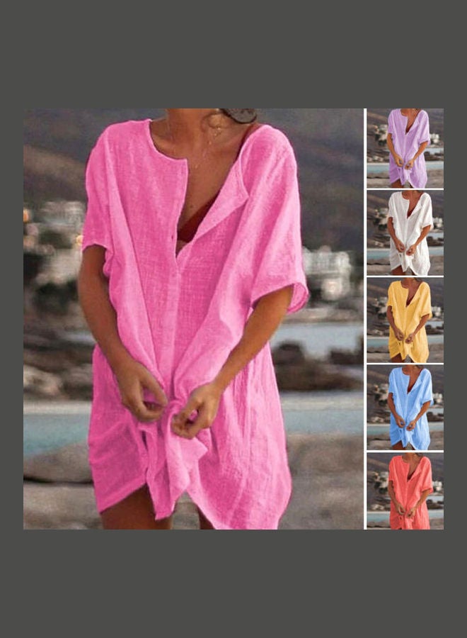 O Neck Buttons Loose Long T-Shirt Yellow - Image 3