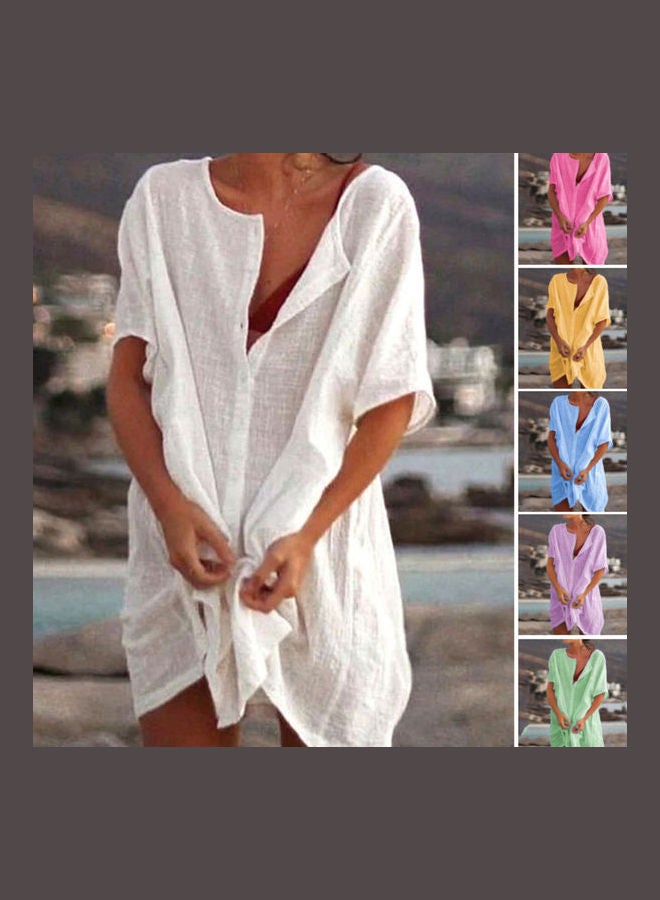 O Neck Buttons Loose Long T-Shirt Yellow - Image 1