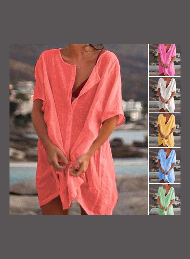 O Neck Buttons Loose Long T-Shirt Yellow - Image 2