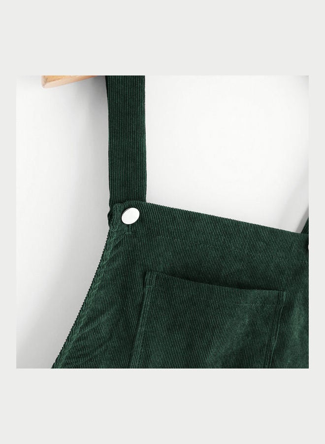 Autumn Solid Color Corduroy Sleeveless Pocket Slim Mini Overalls Dress Green - Image 3