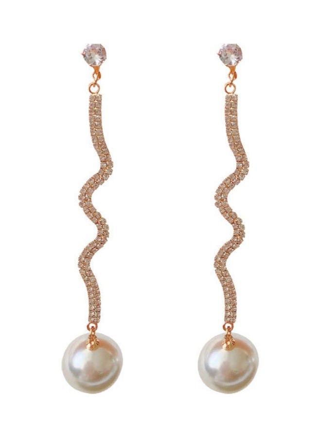 J.J Hand made 925 Sterling Silver Long Wave S-Curve Rhinestone Pearl Earrings - Image 1