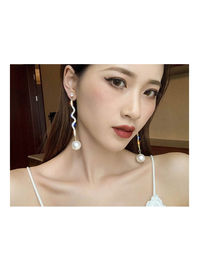 J.J Hand made 925 Sterling Silver Long Wave S-Curve Rhinestone Pearl Earrings - Image 4