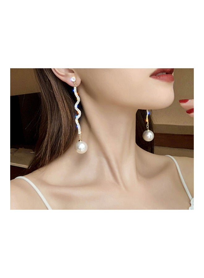 J.J Hand made 925 Sterling Silver Long Wave S-Curve Rhinestone Pearl Earrings - Image 5