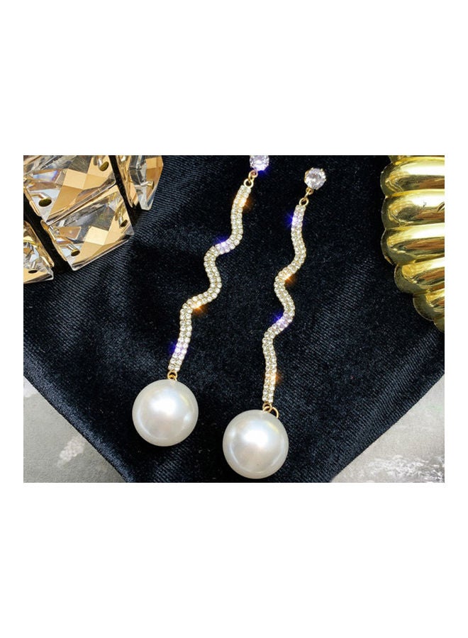 J.J Hand made 925 Sterling Silver Long Wave S-Curve Rhinestone Pearl Earrings - Image 3