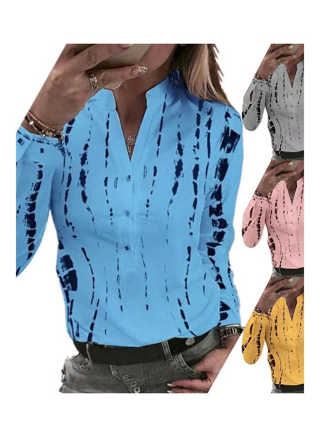 Stand Collar Long Sleeve Vertical Print Buttons Down Shirt Pink  - Image 2