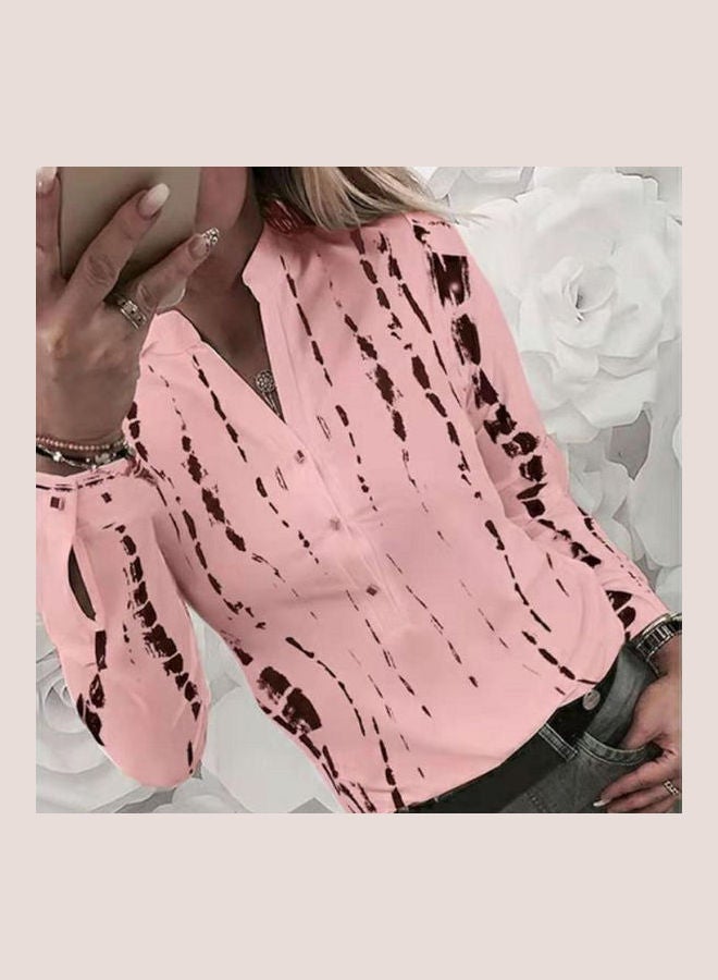 Stand Collar Long Sleeve Vertical Print Buttons Down Shirt Pink  - Image 5