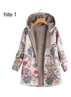 Floral Printed Warm Hooded Pocket Zipper Overcoat White