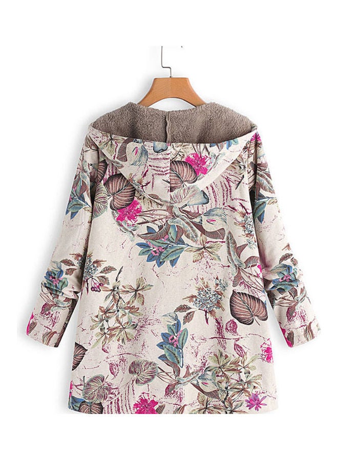 Generic - Floral Printed Warm Hooded Pocket Zipper Overcoat White - Image 1