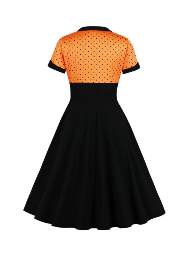 OUTAD Polka Dot Printed Elegant Dress Black/Orange  - Image 2