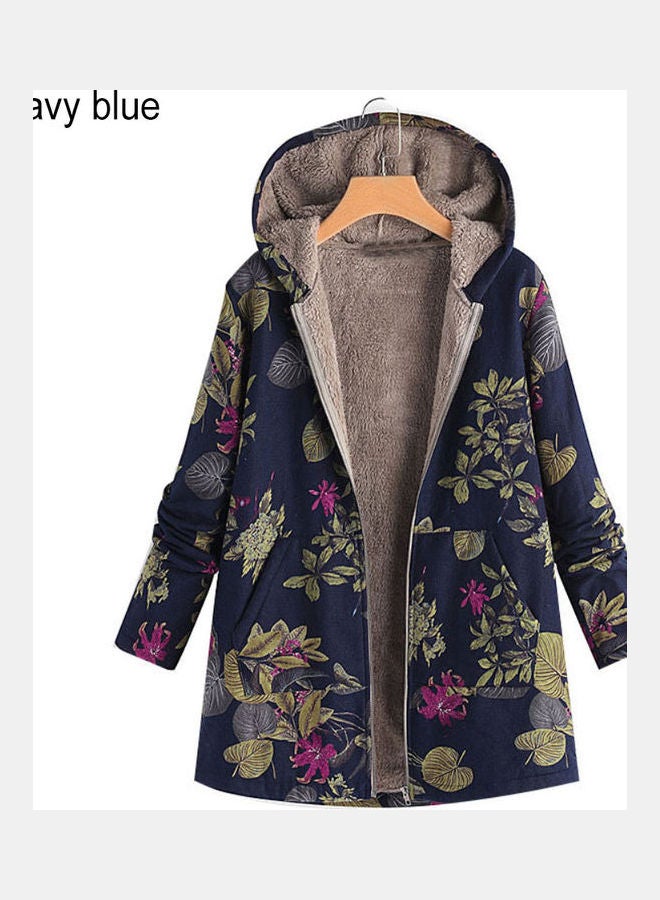 Generic - Flower Leaf Printed Warm Hooded Pocket Zipper Overcoat Navy Blue - Image 1