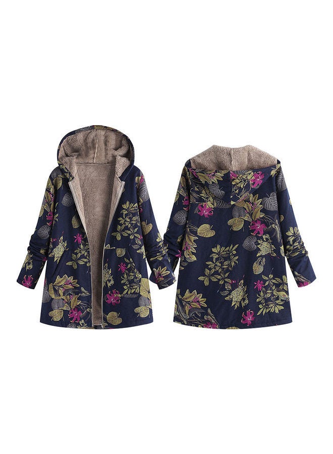 Generic - Flower Leaf Printed Warm Hooded Pocket Zipper Overcoat Navy Blue - Image 1