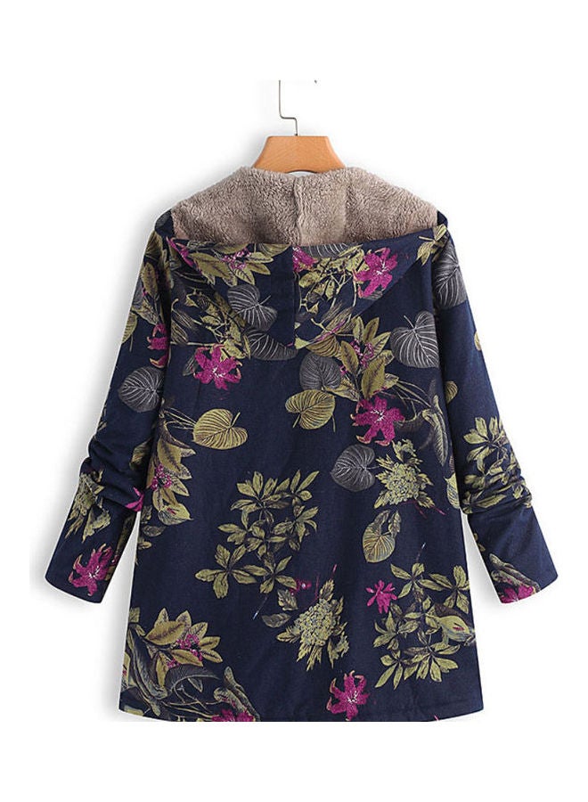 Generic - Flower Leaf Printed Warm Hooded Pocket Zipper Overcoat Navy Blue - Image 1
