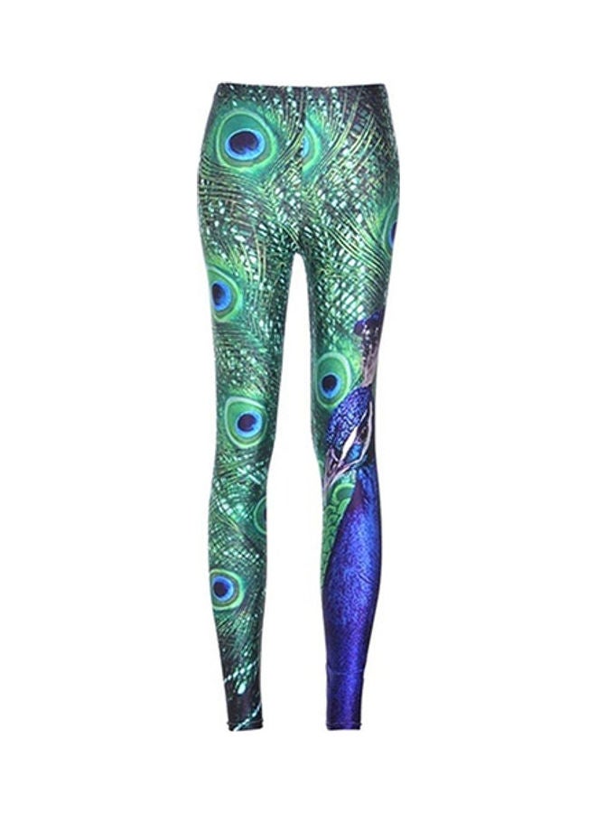 Stretch Peacock Pattern Print Leggings Multicolour  - Image 1