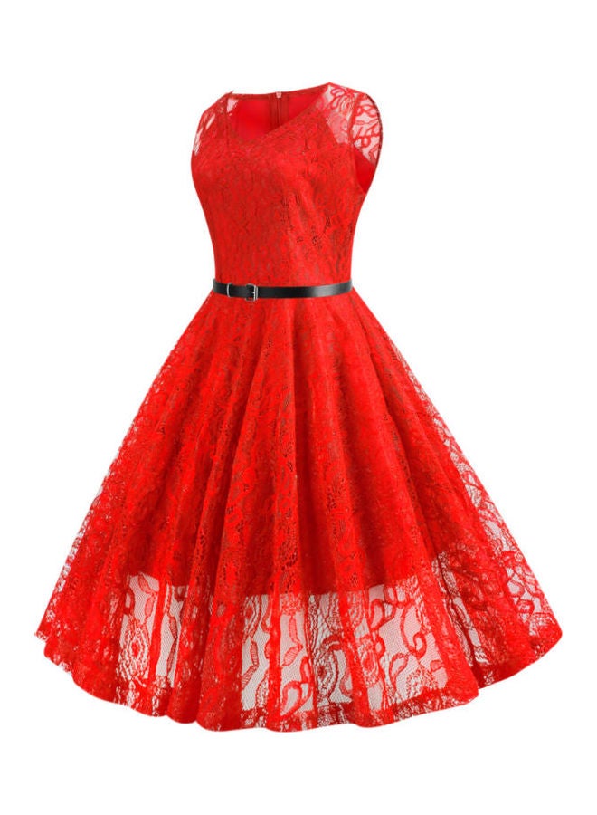 أوتاد فستان أنيق بفتحة رقبة مستديرة مع حزام مزين بالدانتيل أحمر - Image 2