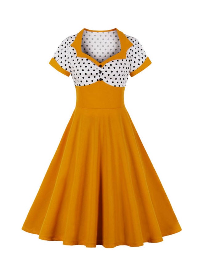 OUTAD Polka Dot Printed Elegant Dress Mustard Yellow/White/Black  - Image 1