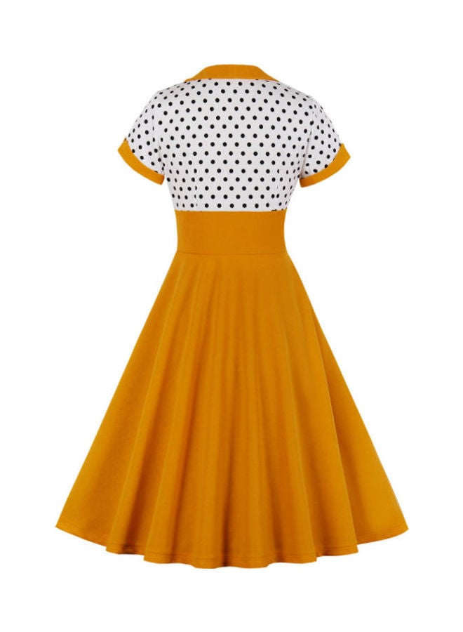 OUTAD Polka Dot Printed Elegant Dress Mustard Yellow/White/Black  - Image 2