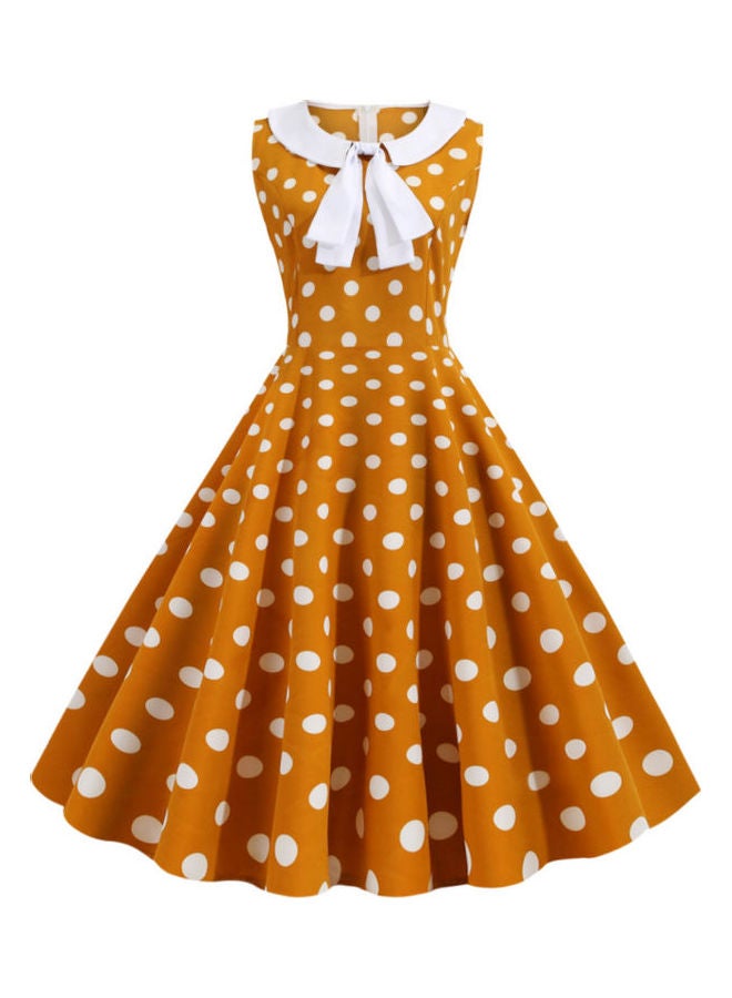 OUTAD Polka Dot Printed Elegant Dress Yellow/White - Image 1
