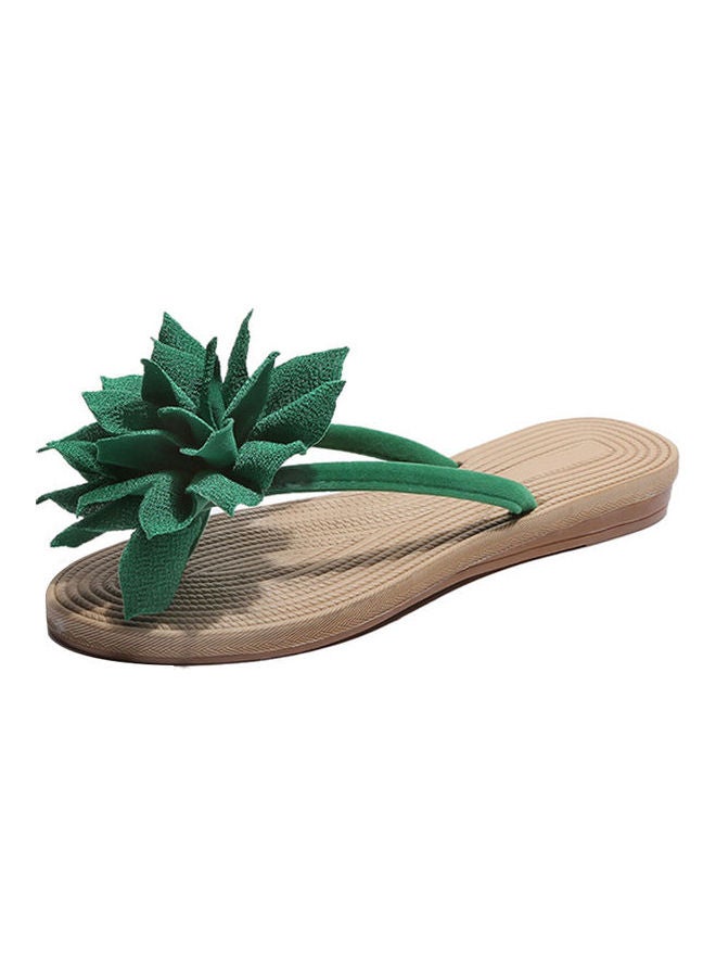 Women Fashion Summer Non Slip Flower Flip Flops Flat Sandals Green/Beige - Image 1