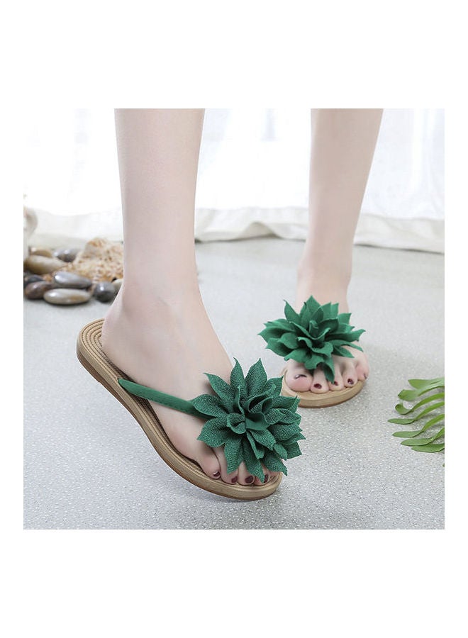 Women Fashion Summer Non Slip Flower Flip Flops Flat Sandals Green/Beige - Image 2