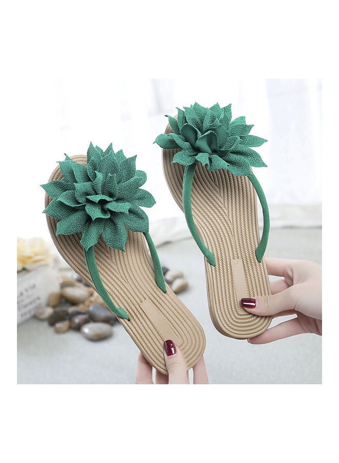 Women Fashion Summer Non Slip Flower Flip Flops Flat Sandals Green/Beige - Image 2