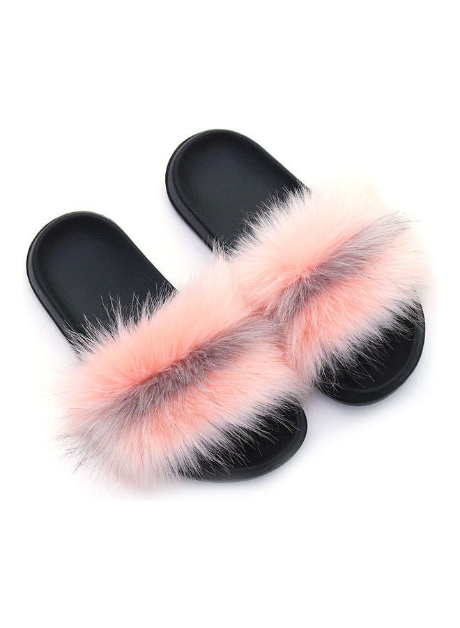 Stylish Women Faux Fur Non Slip Flat Slippers Pink/Black  - Image 1