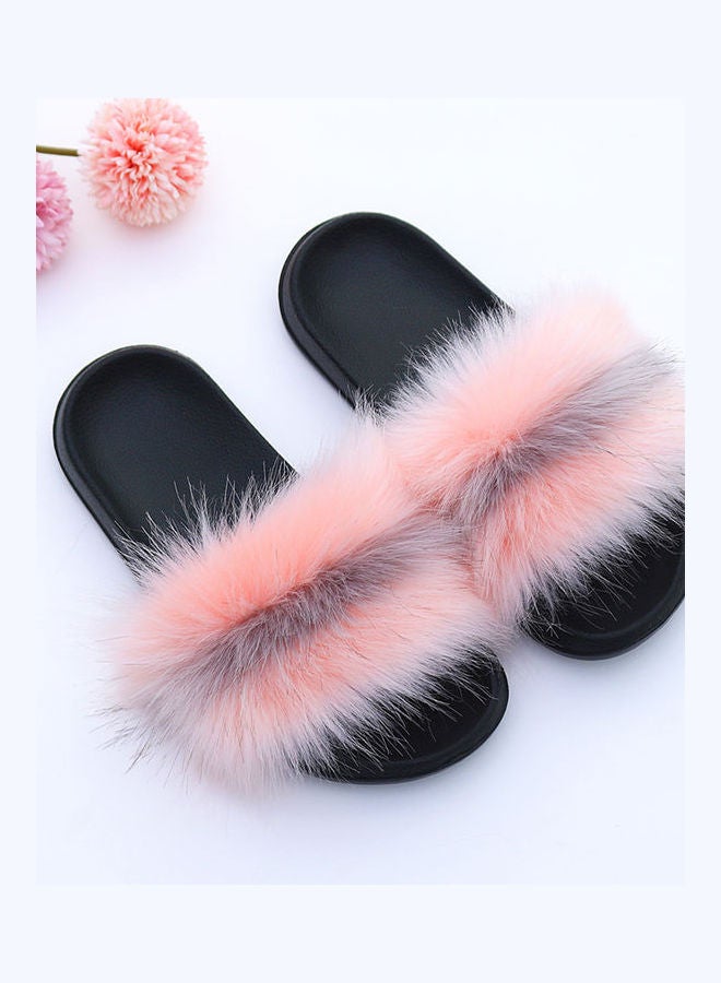 Stylish Women Faux Fur Non Slip Flat Slippers Pink/Black  - Image 2